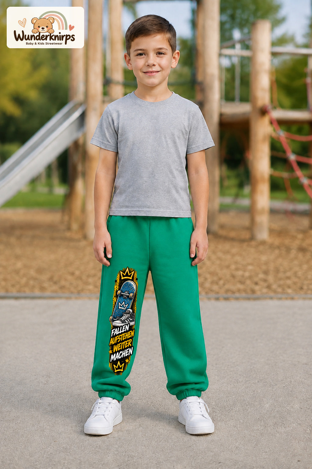 Junge trägt grüne Jogginghose mit Weitermachen Skateschuh-Print, von vorn auf dem Spielplatz.
