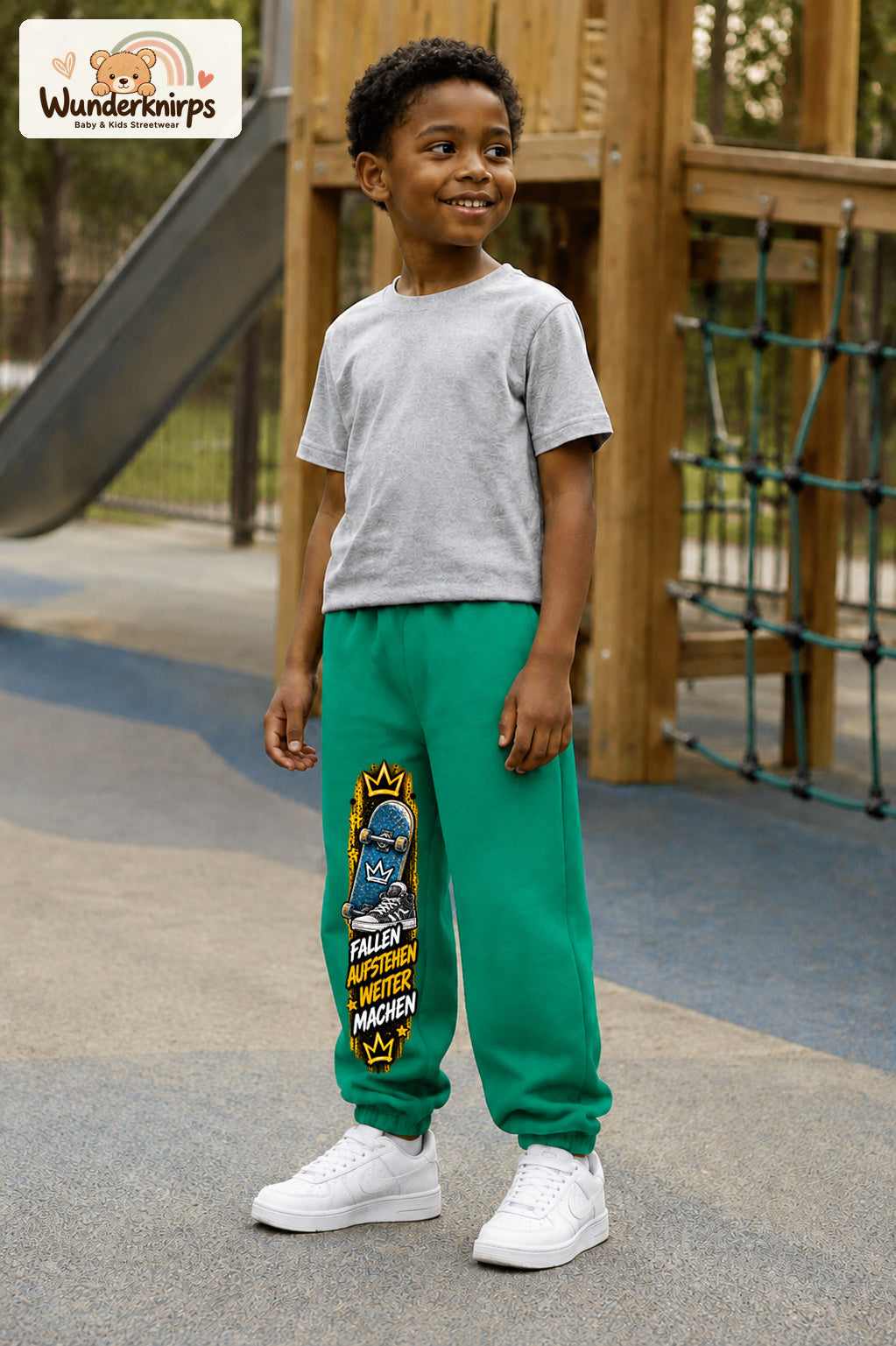 Junge trägt grüne Jogginghose mit Weitermachen Skateschuh-Print, leicht seitlich auf dem Spielplatz.