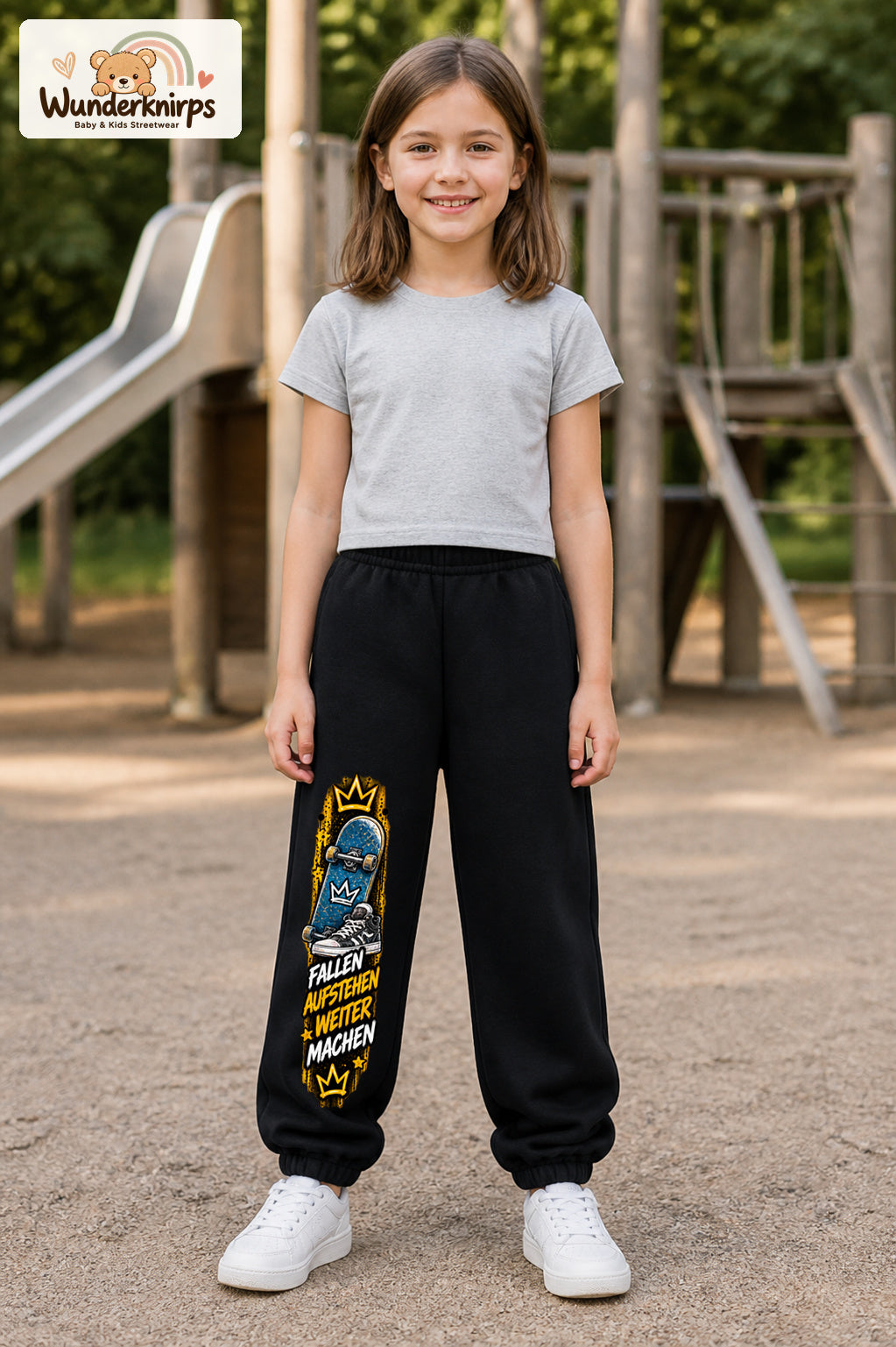 Mädchen trägt schwarze Jogginghose mit Weitermachen Skateschuh-Print, von vorn auf dem Spielplatz.