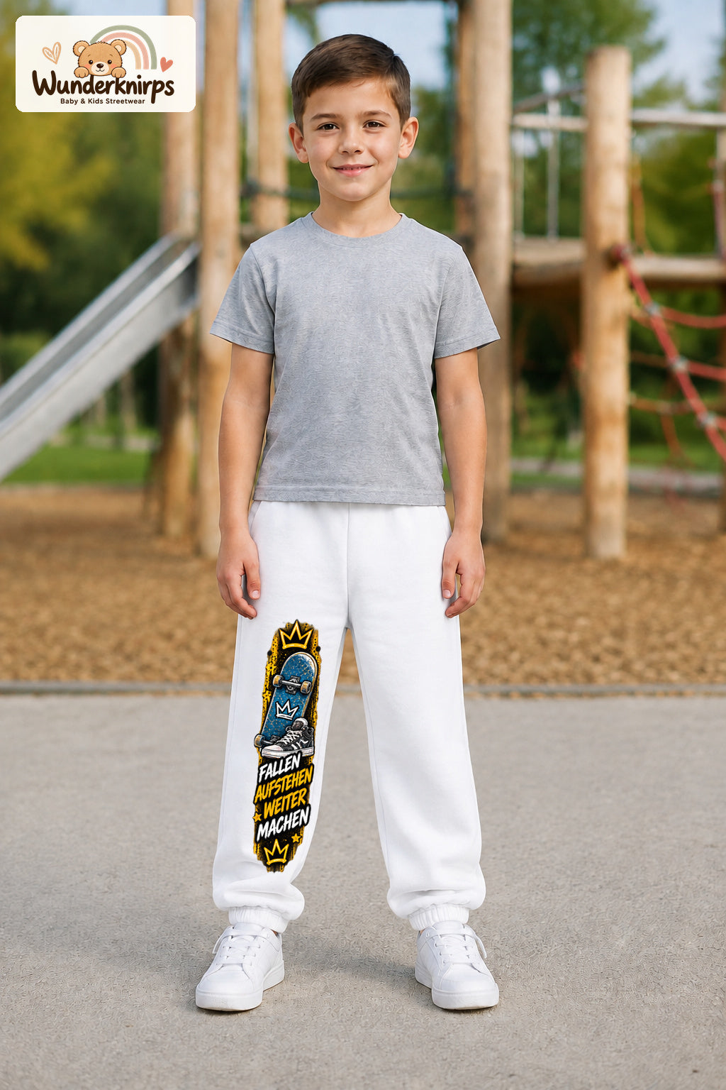 Junge trägt weiße Jogginghose mit Weitermachen Skateschuh-Print, von vorn auf dem Spielplatz.