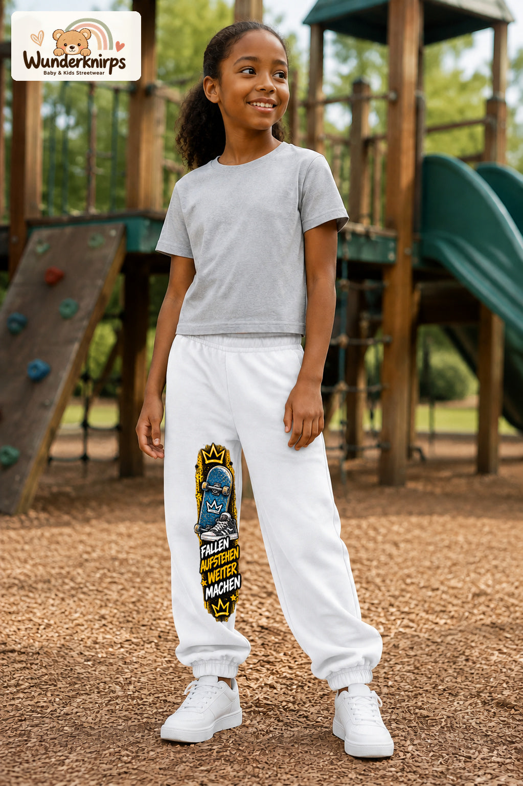 Mädchen trägt weiße Jogginghose mit Weitermachen Skateschuh-Print, leicht seitlich auf dem Spielplatz.