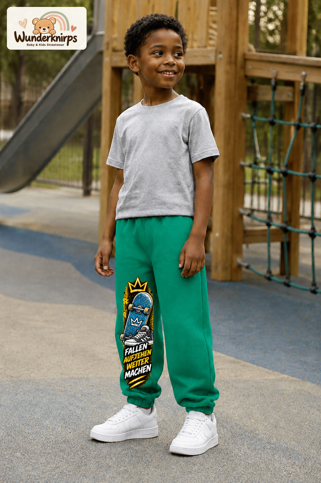Junge trägt grüne Jogginghose mit Aufstehen Skateboard-Print, leicht seitlich auf dem Spielplatz.