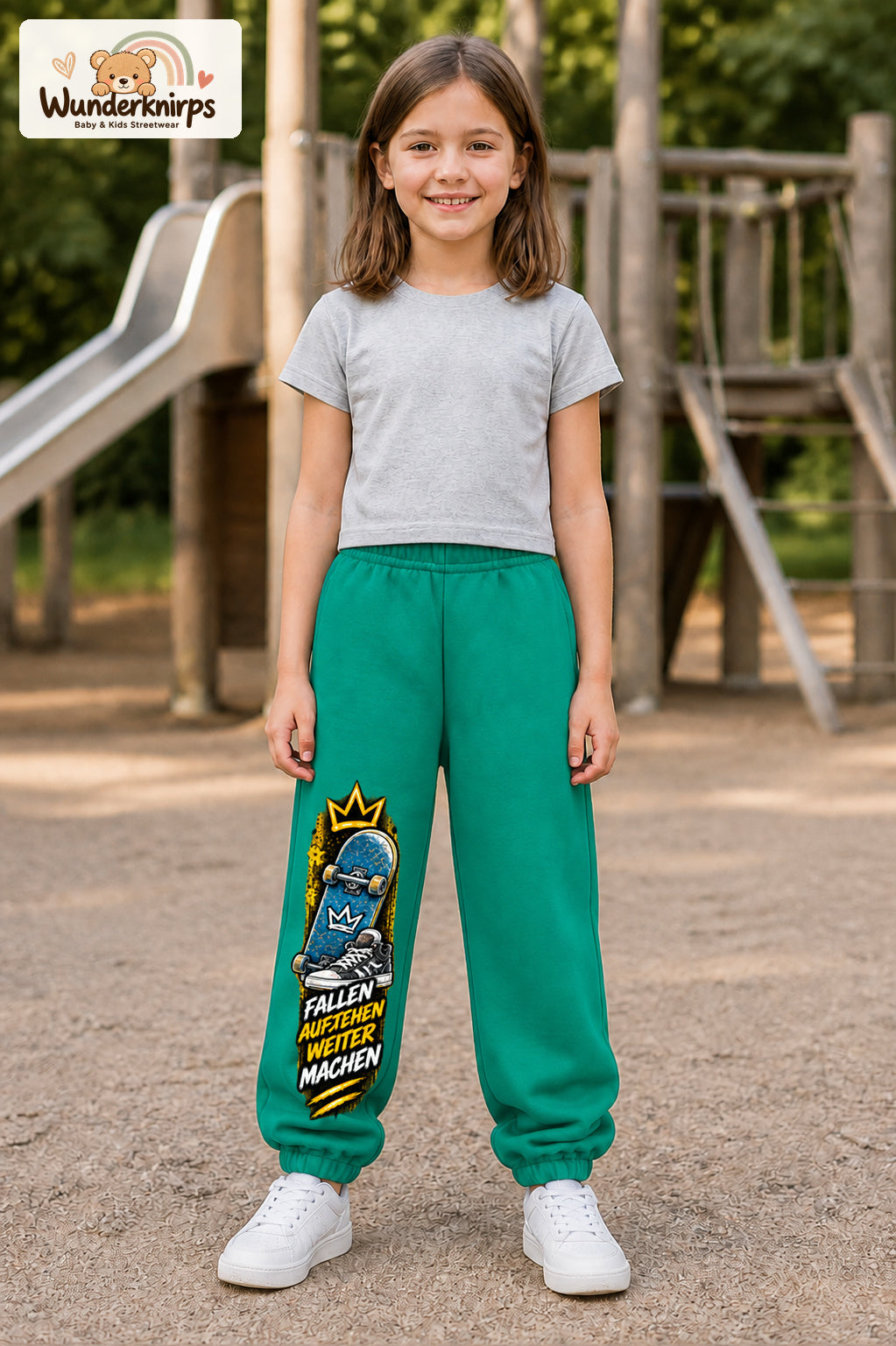 Mädchen trägt grüne Jogginghose mit Aufstehen Skateboard-Print, von vorn auf dem Spielplatz.