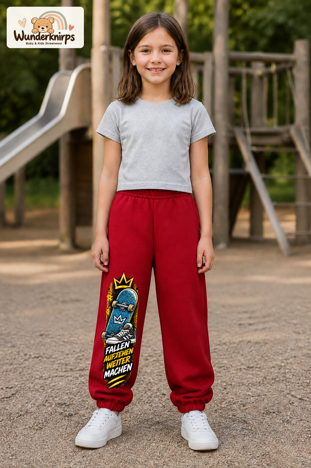 Mädchen trägt rote Jogginghose mit Aufstehen Skateboard-Print, von vorn auf dem Spielplatz.