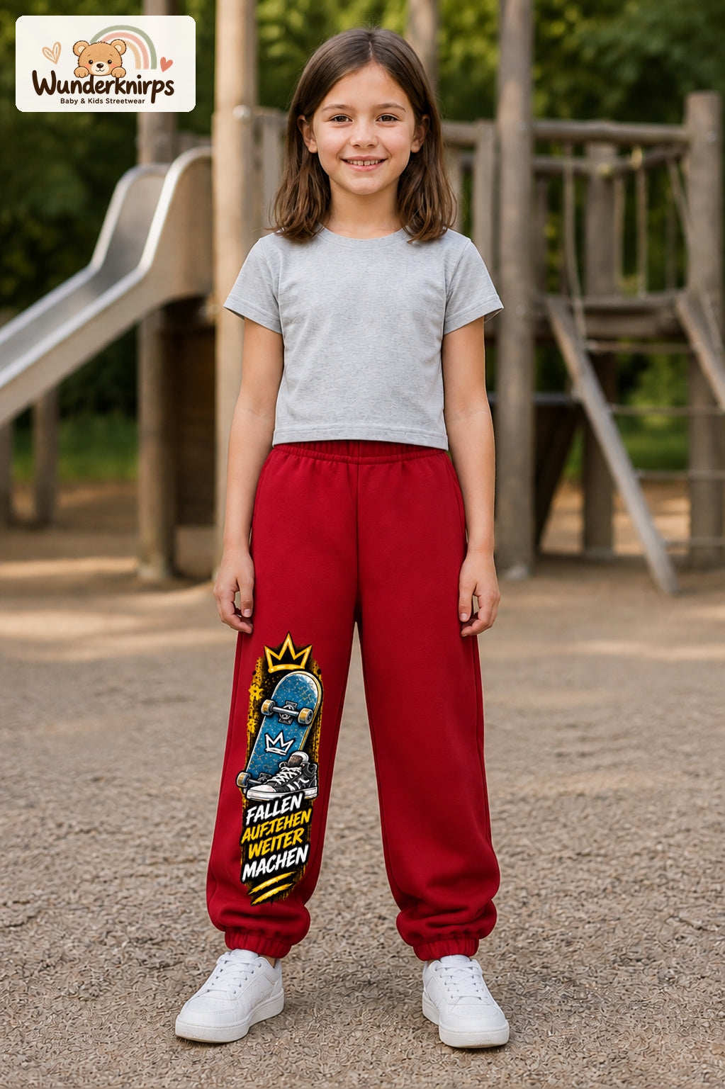 Mädchen trägt rote Jogginghose mit Aufstehen Skateboard-Print, von vorn auf dem Spielplatz.