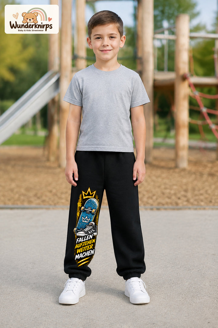 Junge trägt schwarze Jogginghose mit Aufstehen Skateboard-Print, von vorn auf dem Spielplatz.