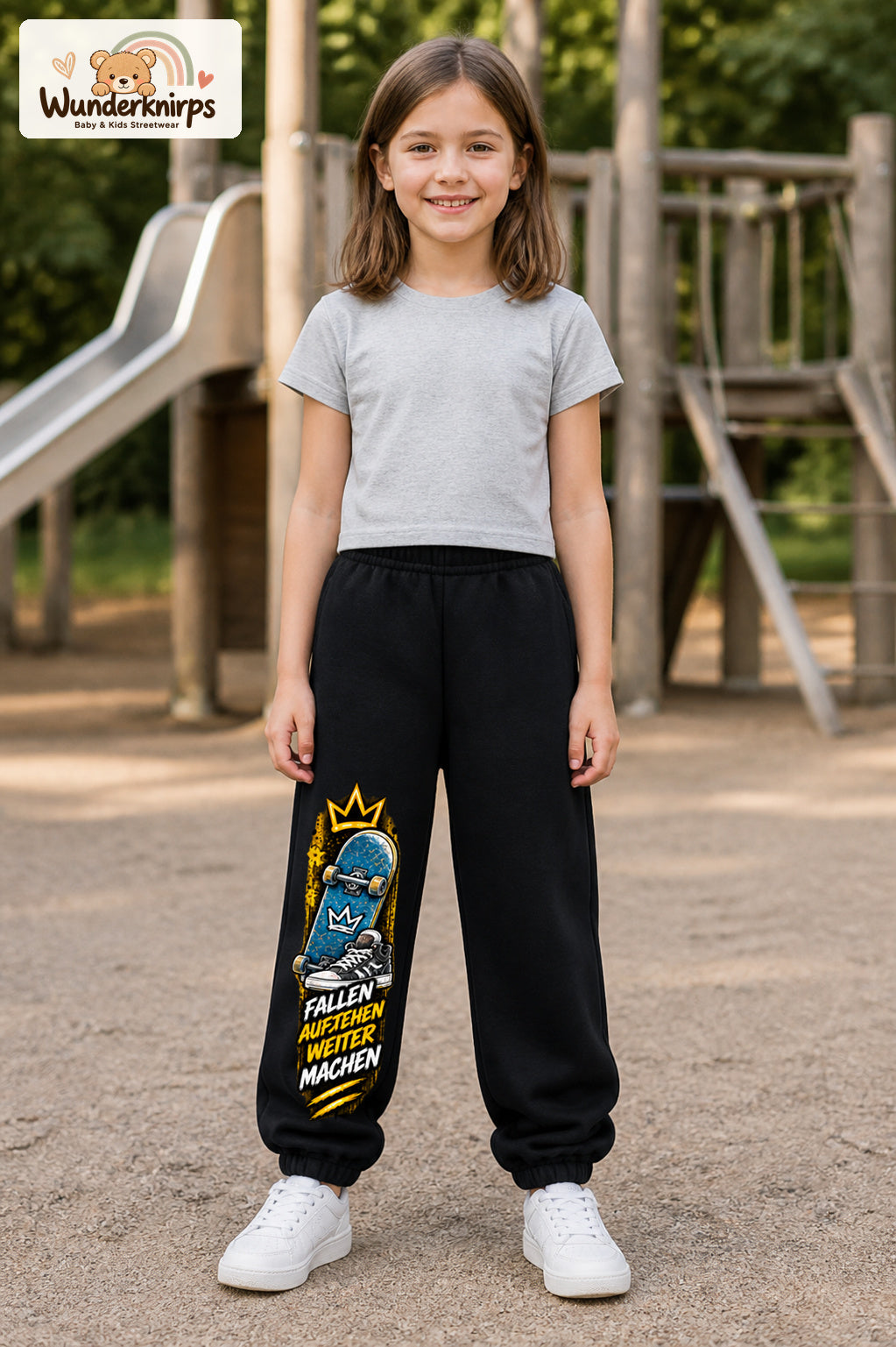 Mädchen trägt schwarze Jogginghose mit Aufstehen Skateboard-Print, von vorn auf dem Spielplatz.