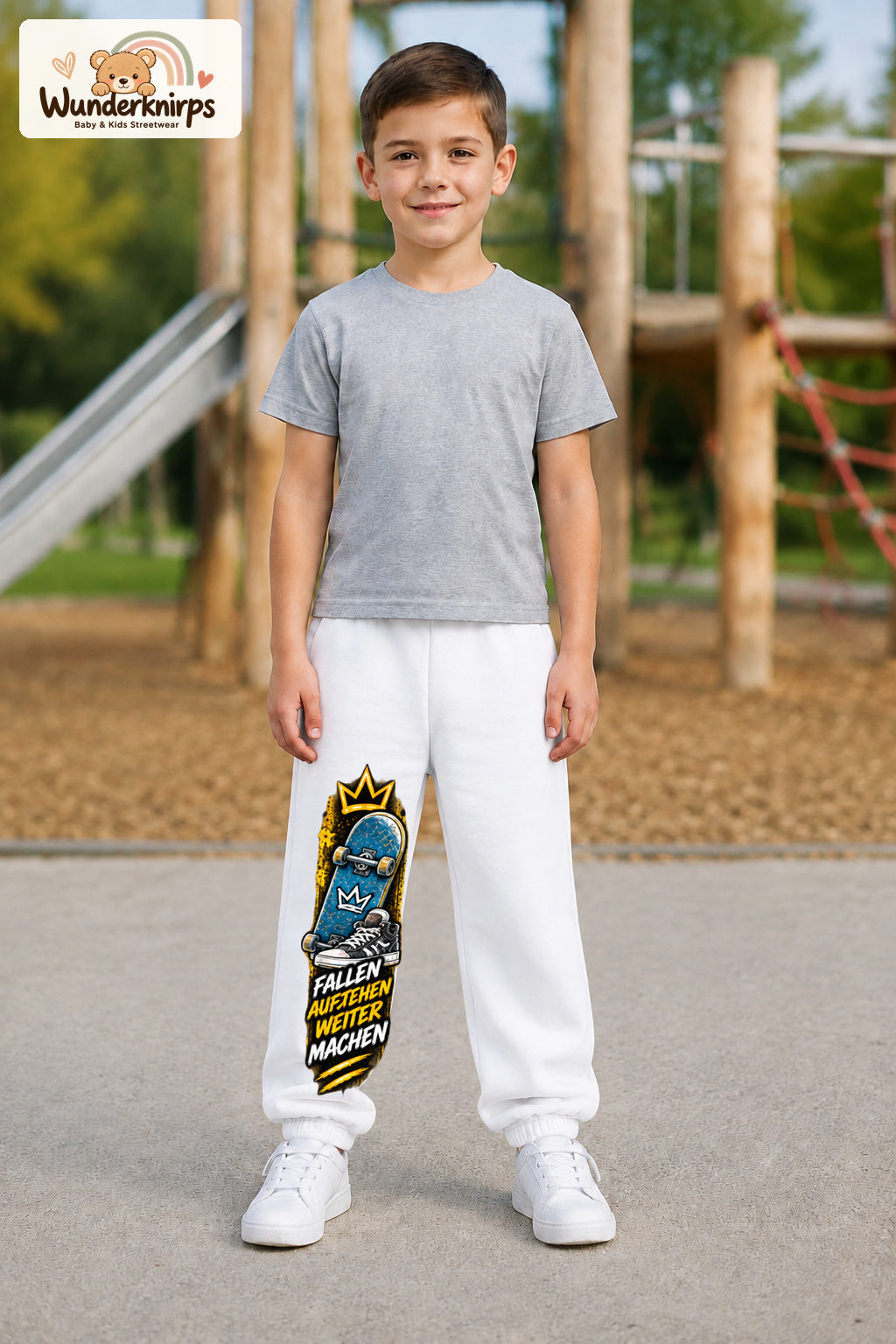 Junge trägt weiße Jogginghose mit Aufstehen Skateboard-Print, von vorn auf dem Spielplatz.
