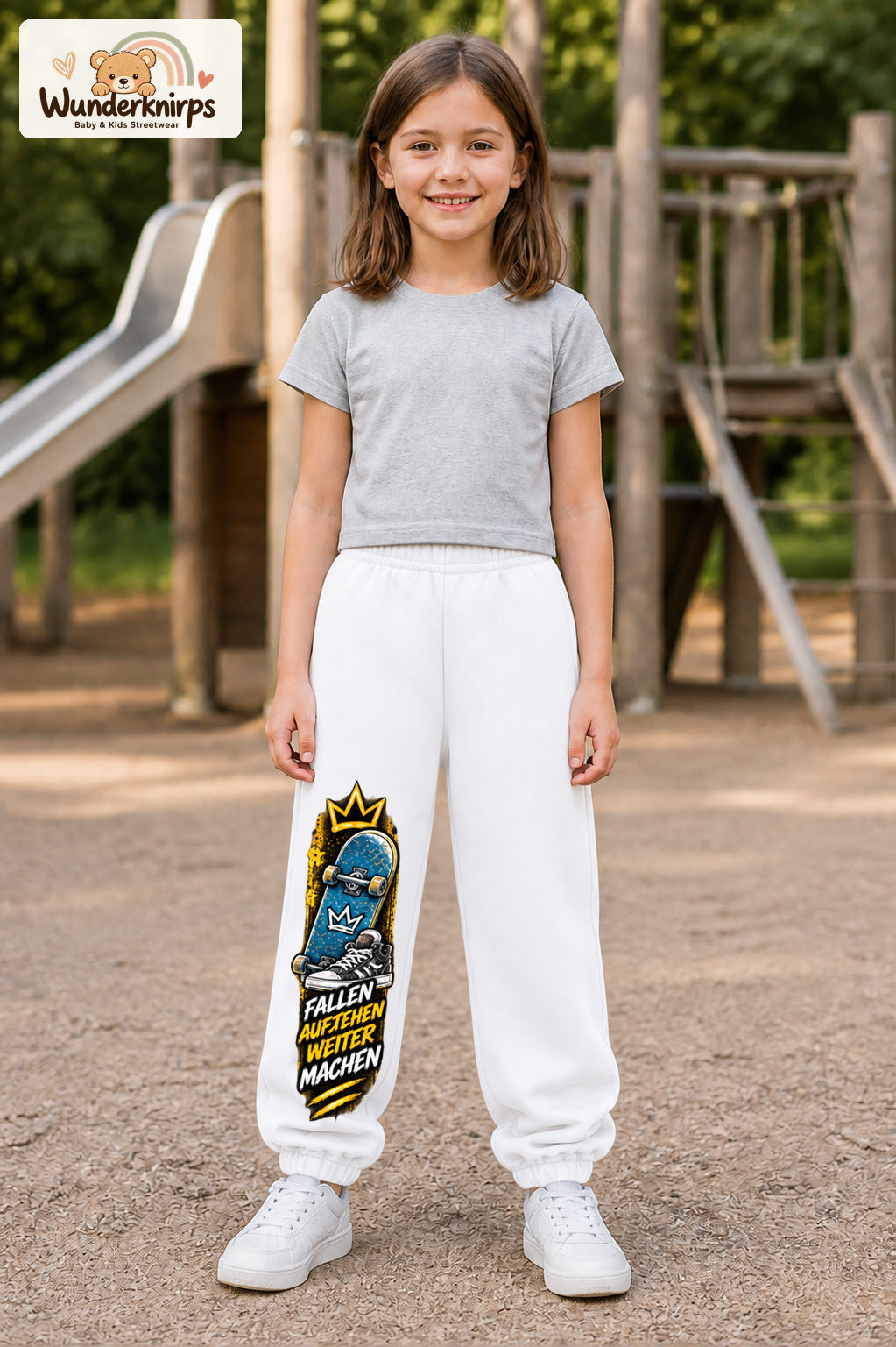 Mädchen trägt weiße Jogginghose mit Aufstehen Skateboard-Print, von vorn auf dem Spielplatz.
