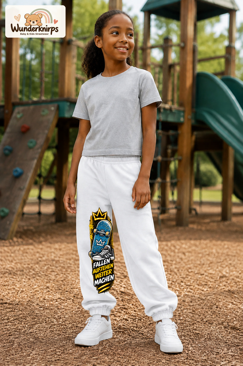 Mädchen trägt weiße Jogginghose mit Aufstehen Skateboard-Print, leicht seitlich auf dem Spielplatz.