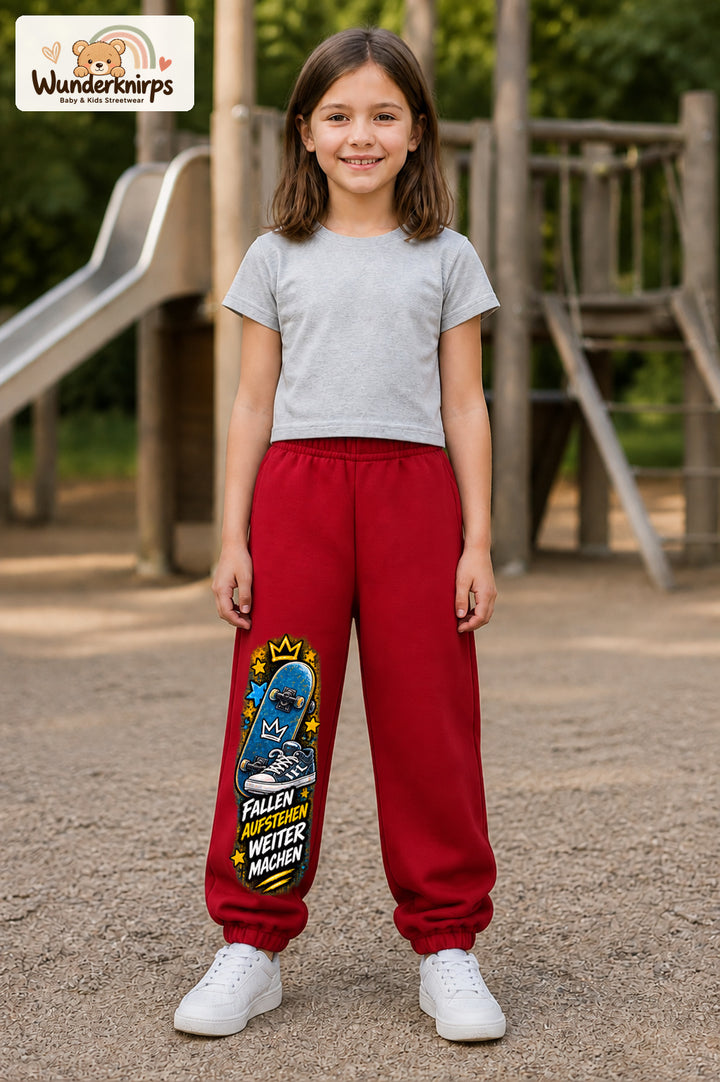 Mädchen trägt rote Jogginghose mit Weitermachen Sternen-Board-Print, von vorn auf dem Spielplatz.