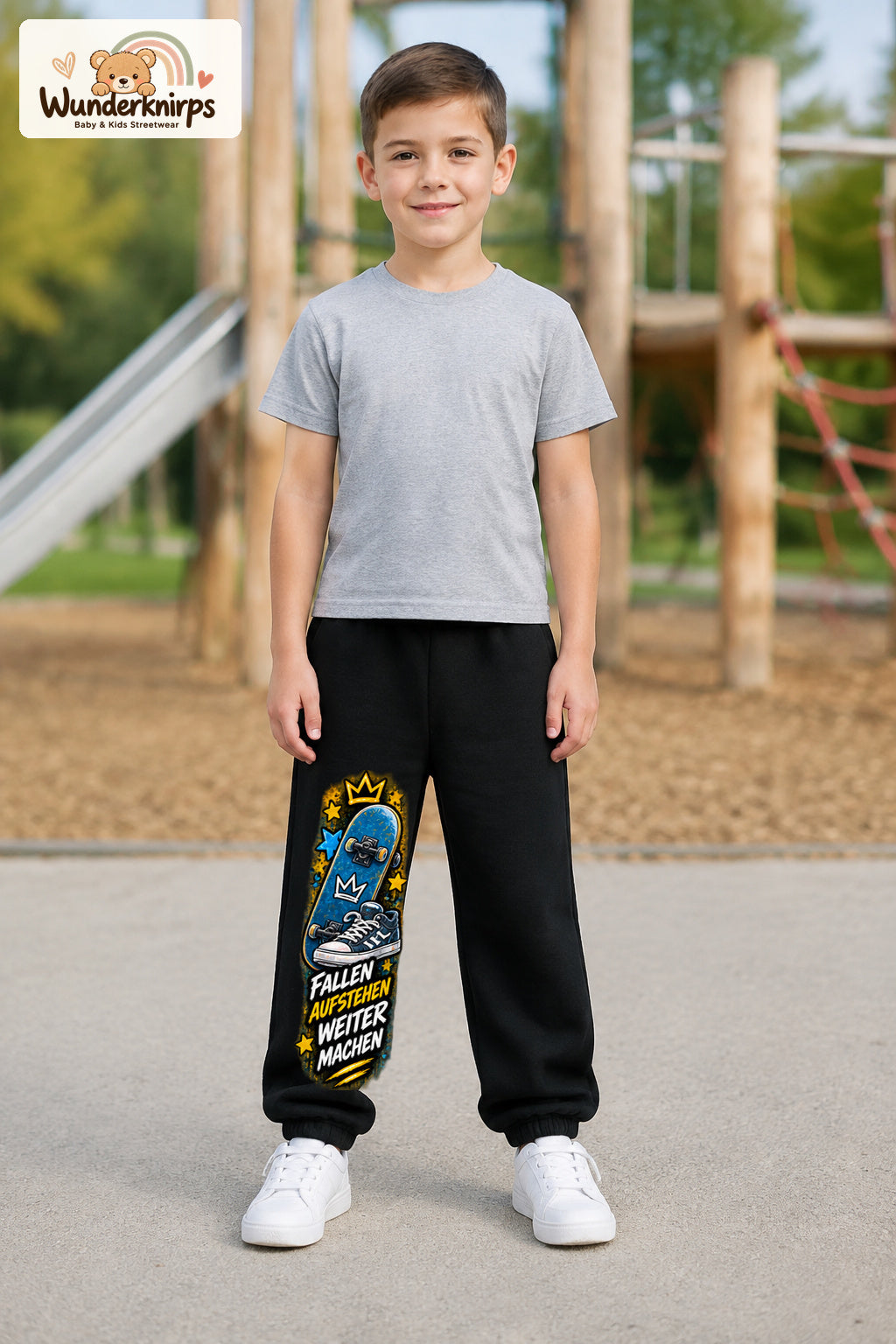 Junge trägt schwarze Jogginghose mit Weitermachen Sternen-Board-Print, von vorn auf dem Spielplatz.