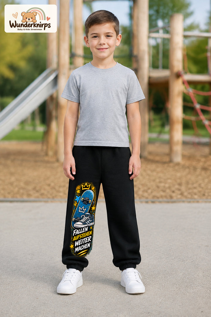 Junge trägt schwarze Jogginghose mit Weitermachen Sternen-Board-Print, von vorn auf dem Spielplatz.