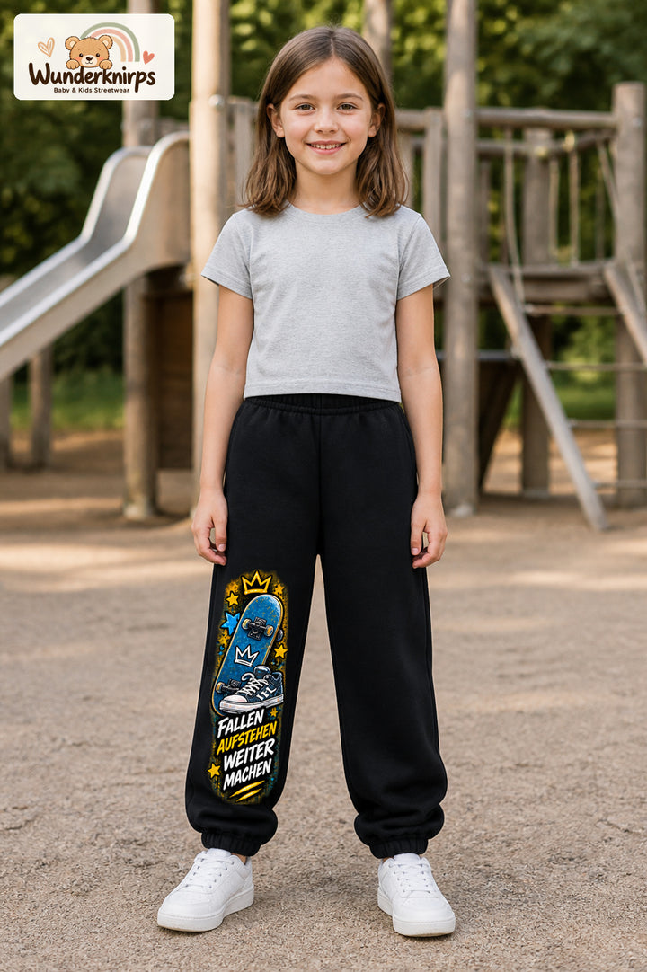 Mädchen trägt schwarze Jogginghose mit Weitermachen Sternen-Board-Print, von vorn auf dem Spielplatz.