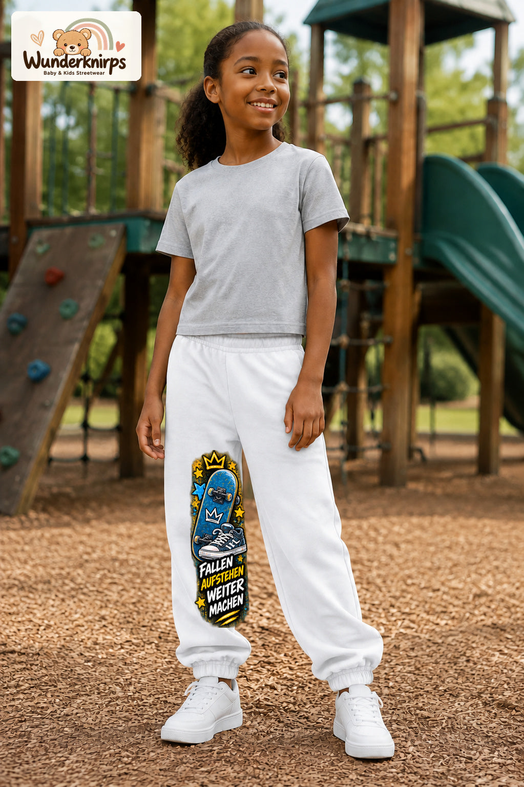 Mädchen trägt weiße Jogginghose mit Weitermachen Sternen-Board-Print, leicht seitlich auf dem Spielplatz.