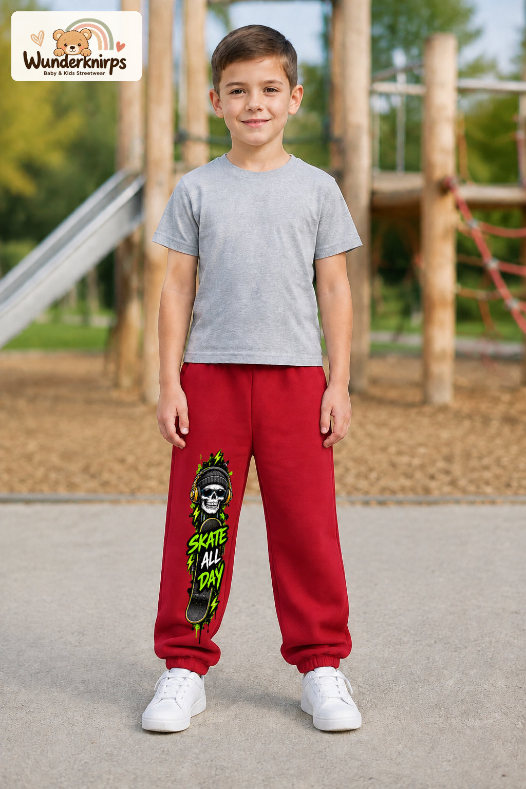 Junge trägt rote Jogginghose mit Skate All Day Skull-Print, von vorn auf dem Spielplatz.