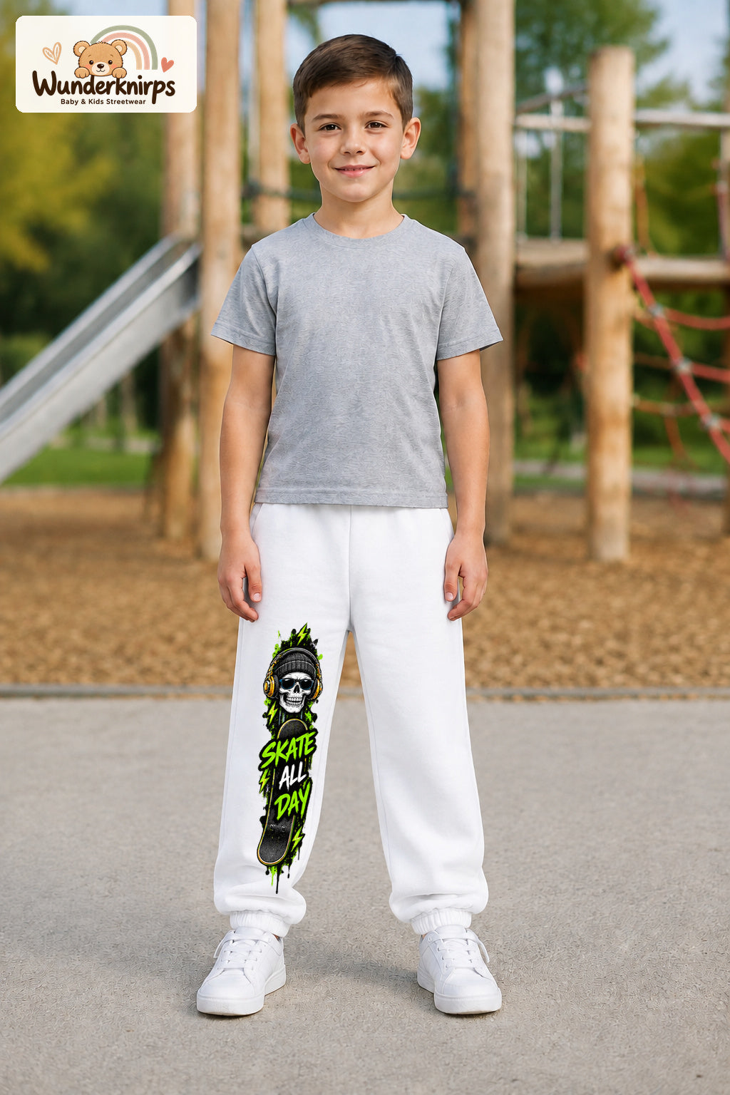 Junge trägt weiße Jogginghose mit Skate All Day Skull-Print, von vorn auf dem Spielplatz.