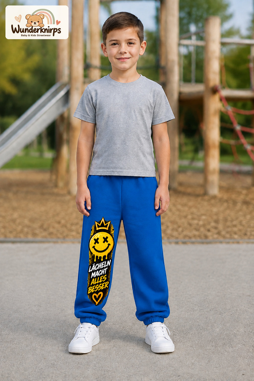 Junge trägt blaue Jogginghose mit Lächeln macht besser-Print, von vorn auf dem Spielplatz.