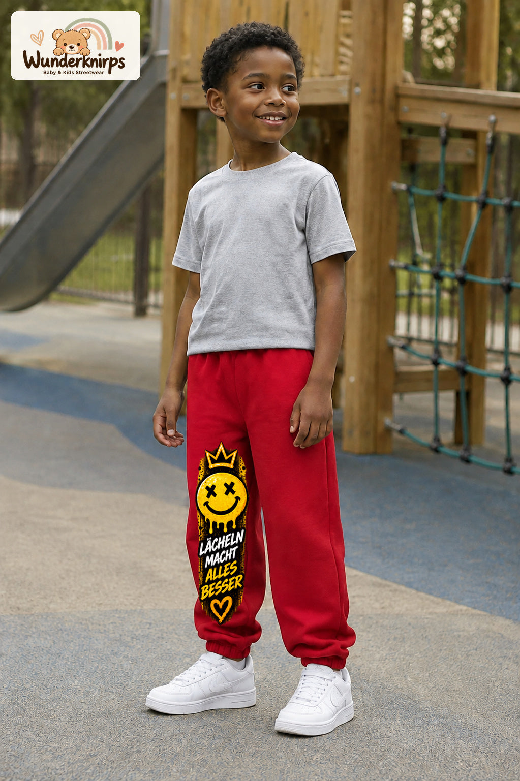 Junge trägt rote Jogginghose mit Lächeln macht besser-Print, leicht seitlich auf dem Spielplatz.