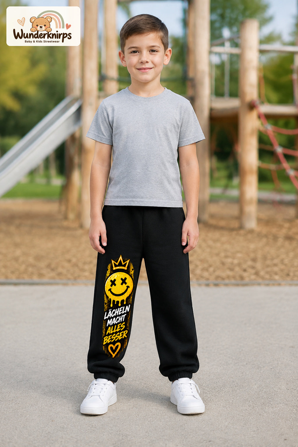Junge trägt schwarze Jogginghose mit Lächeln macht besser-Print, von vorn auf dem Spielplatz.