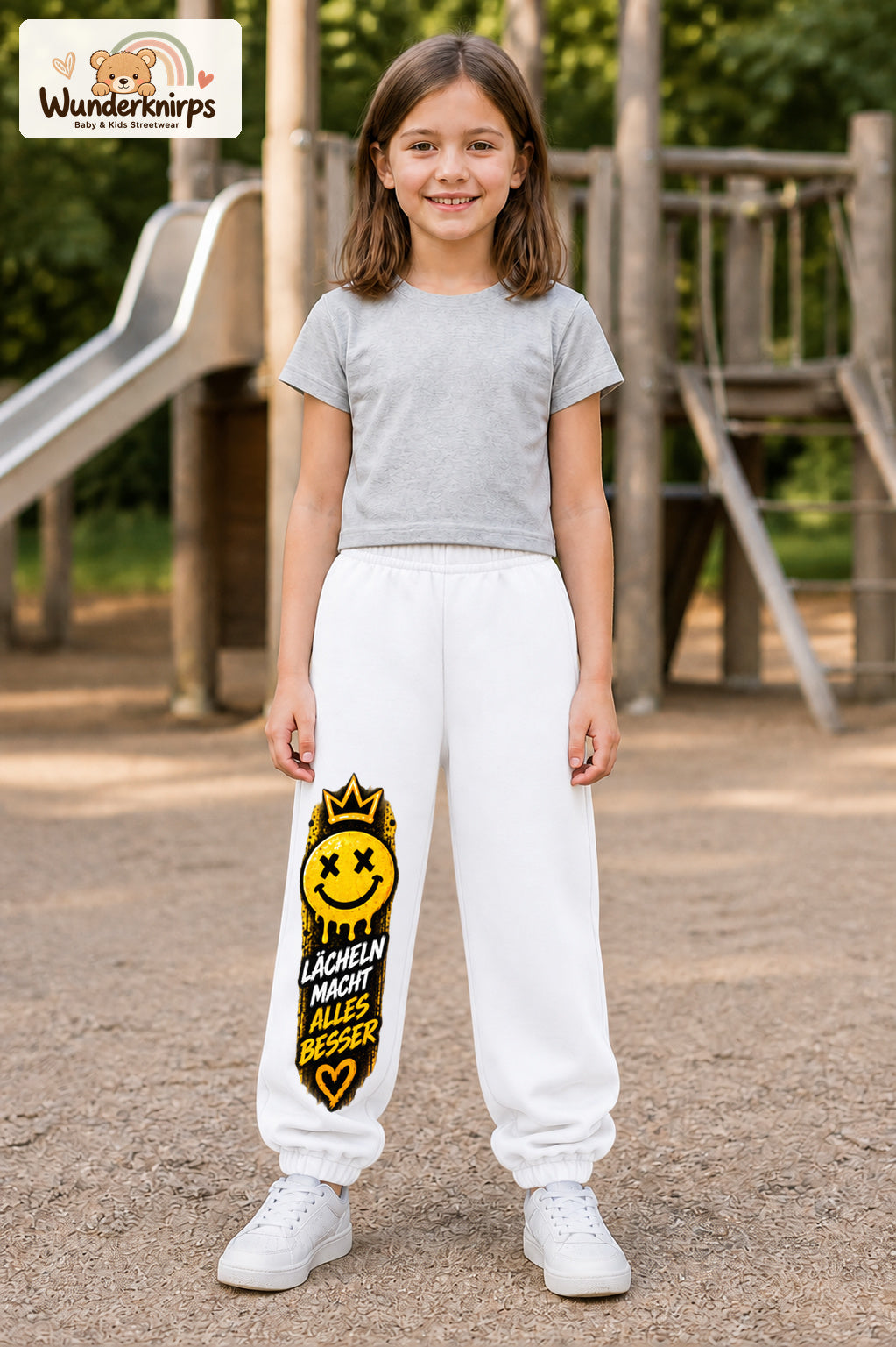 Mädchen trägt weiße Jogginghose mit Lächeln macht besser-Print, von vorn auf dem Spielplatz.