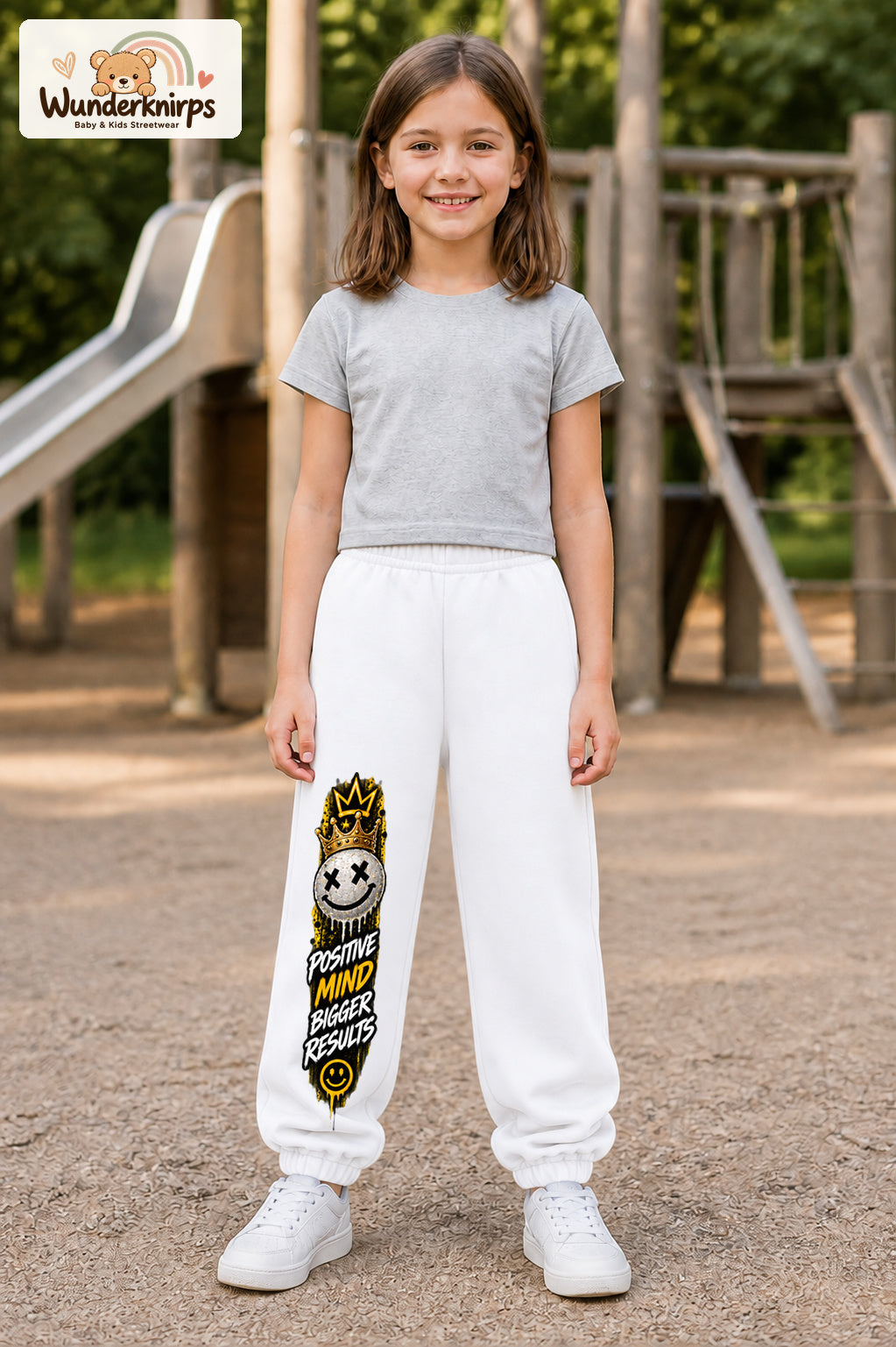 Mädchen trägt weiße Jogginghose mit Positive Mind Smiley-Print, von vorn auf dem Spielplatz.
