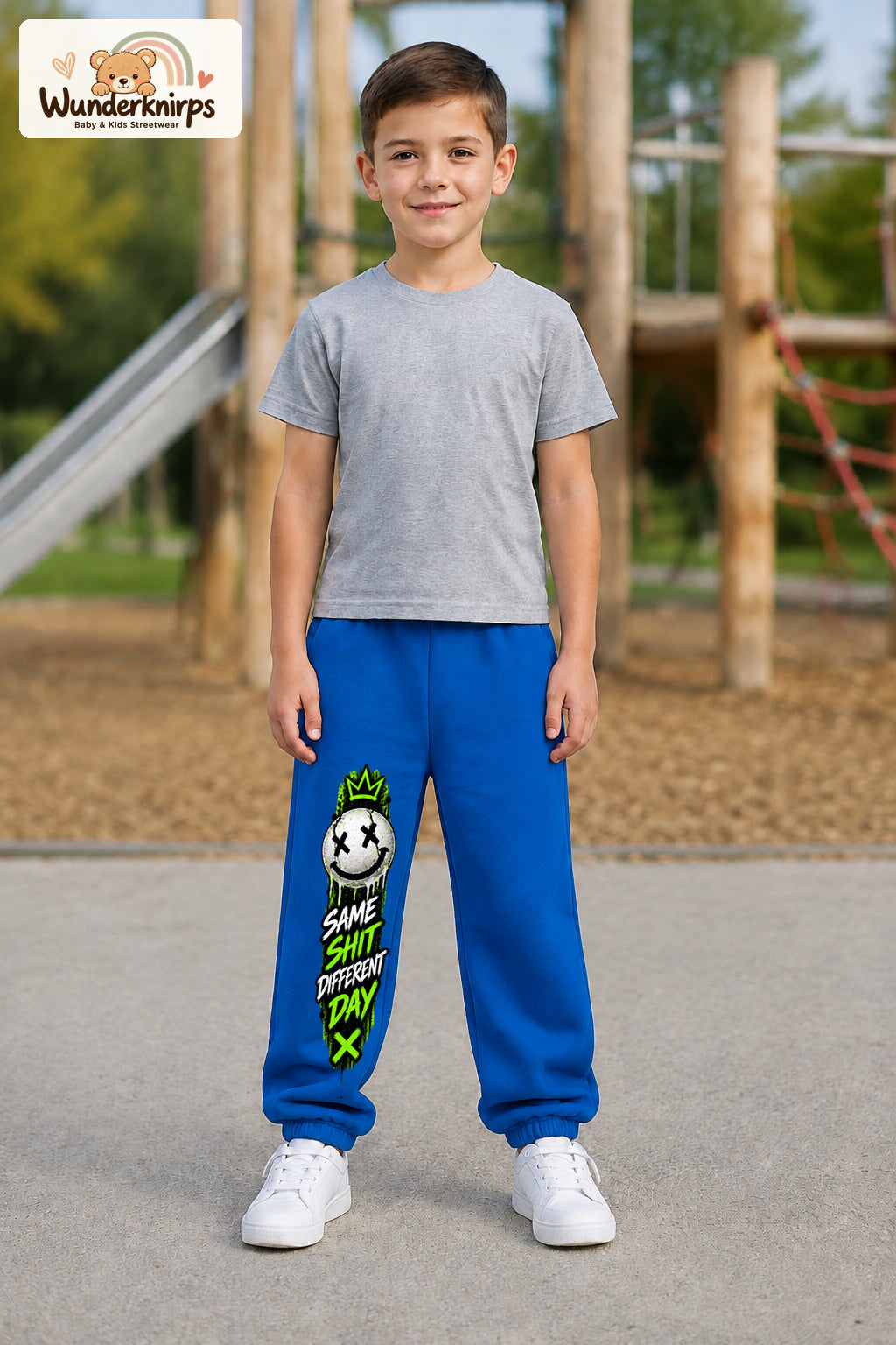 Junge trägt blaue Jogginghose mit Same Shit Smiley-Print, von vorn auf dem Spielplatz.