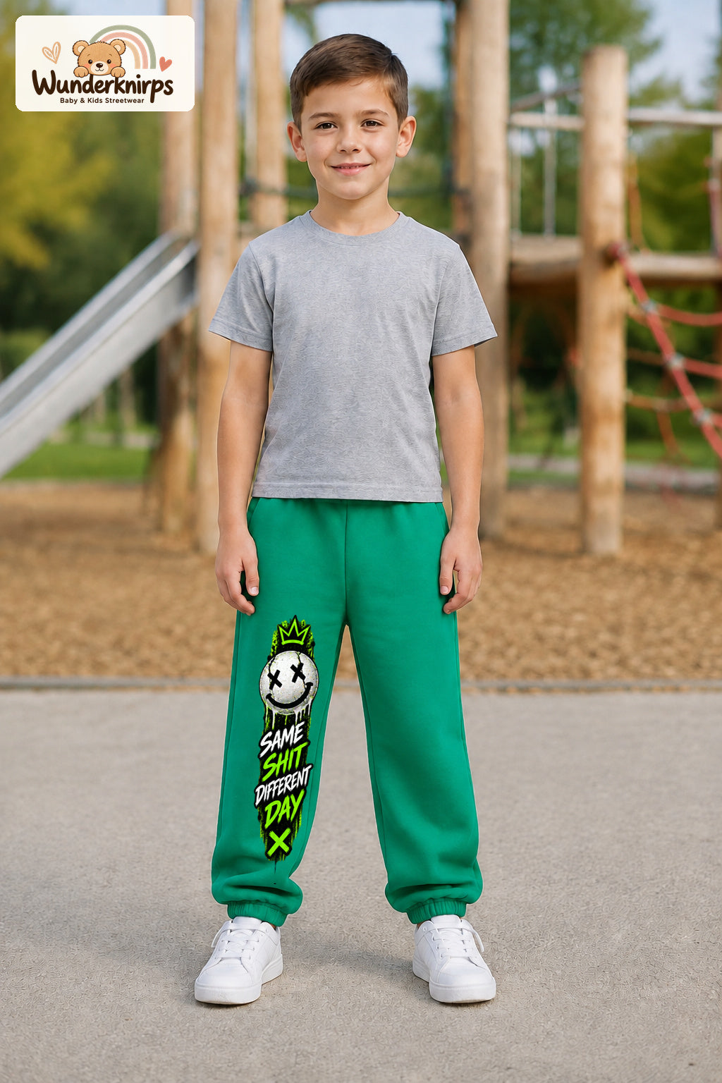 Junge trägt grüne Jogginghose mit Same Shit Smiley-Print, von vorn auf dem Spielplatz.