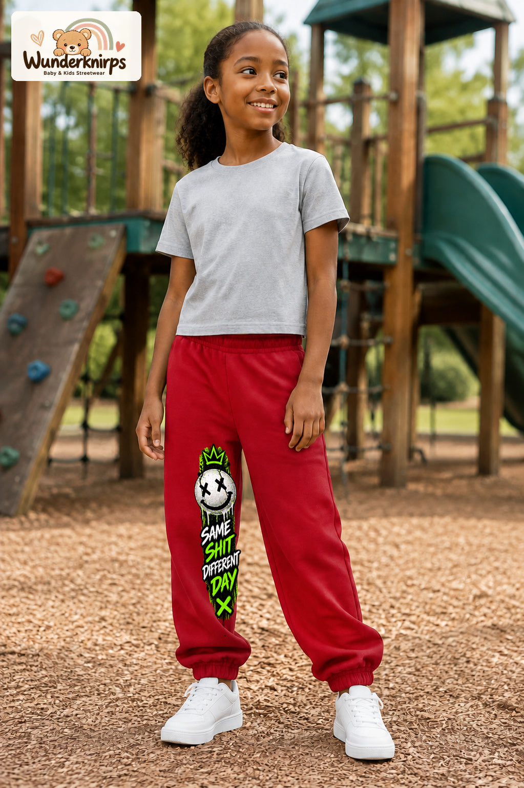 Mädchen trägt rote Jogginghose mit Same Shit Smiley-Print, leicht seitlich auf dem Spielplatz.