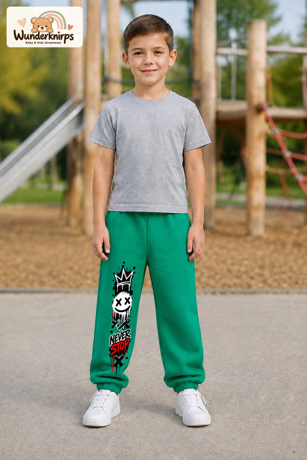 Junge trägt grüne Jogginghose mit Never Stop Smiley-Print, von vorn auf dem Spielplatz.