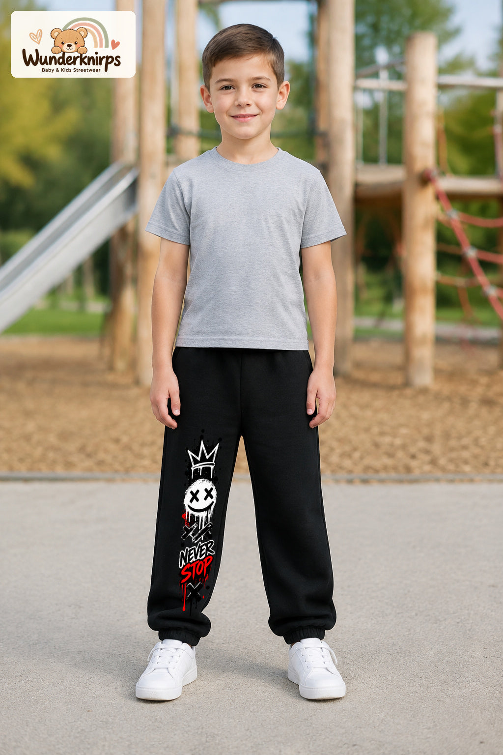 Junge trägt schwarze Jogginghose mit Never Stop Smiley-Print, von vorn auf dem Spielplatz.