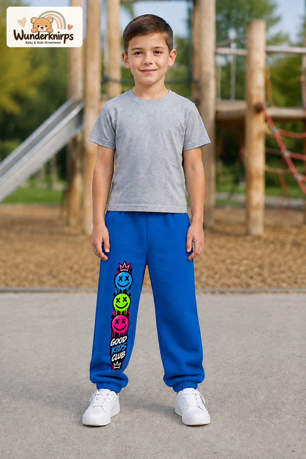 Junge trägt blaue Jogginghose mit Good Kids Smileys-Print, von vorn auf dem Spielplatz.