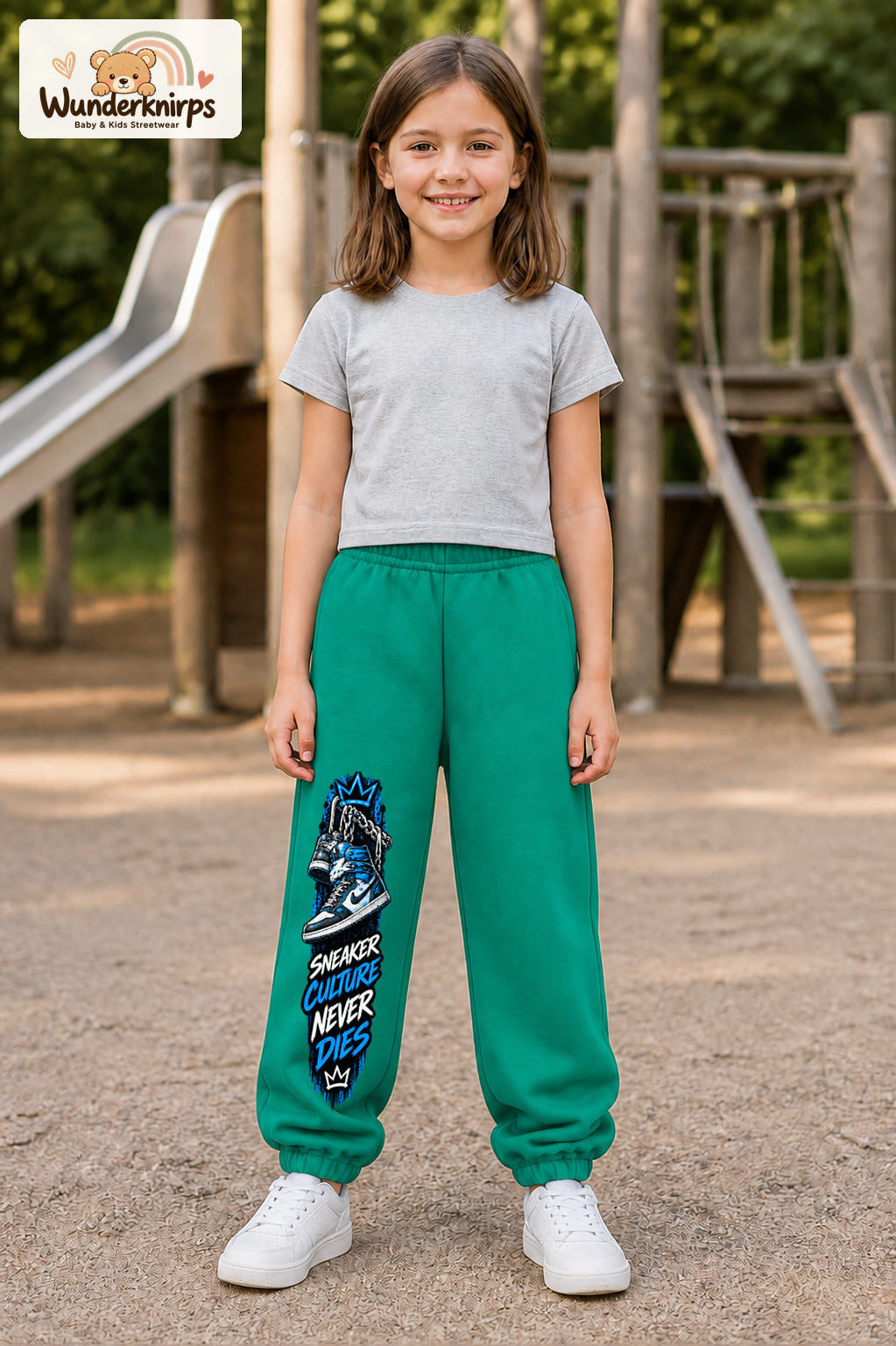 Mädchen trägt grüne Jogginghose mit Sneaker Culture-Print, von vorn auf dem Spielplatz.