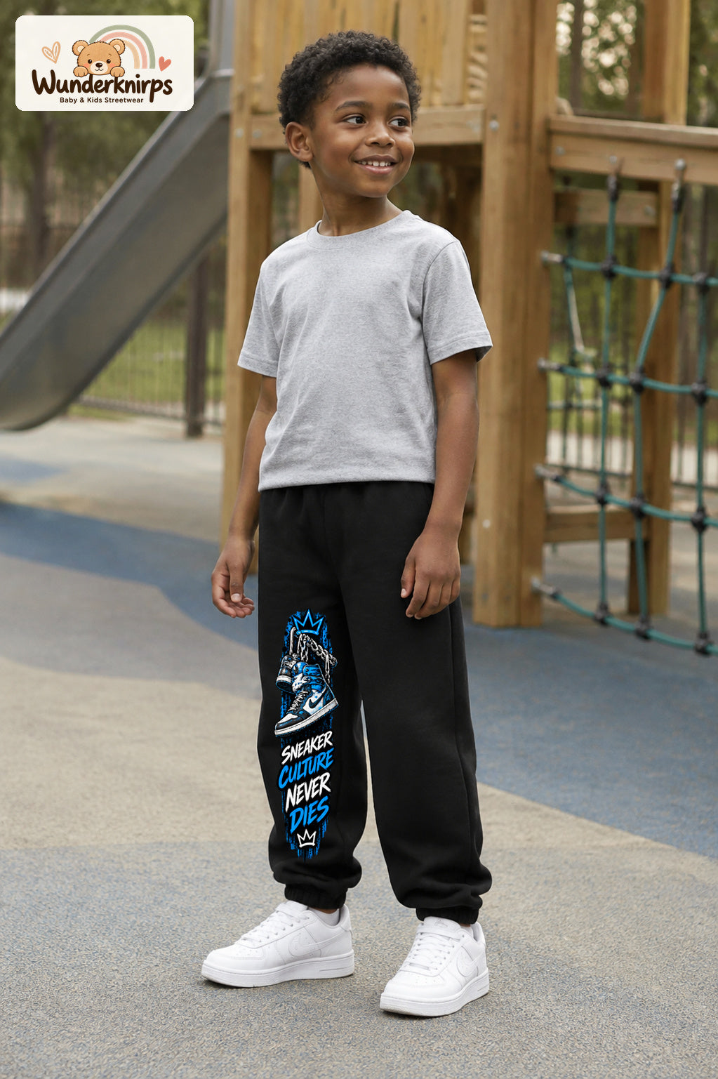 Junge trägt schwarze Jogginghose mit Sneaker Culture-Print, leicht seitlich auf dem Spielplatz.