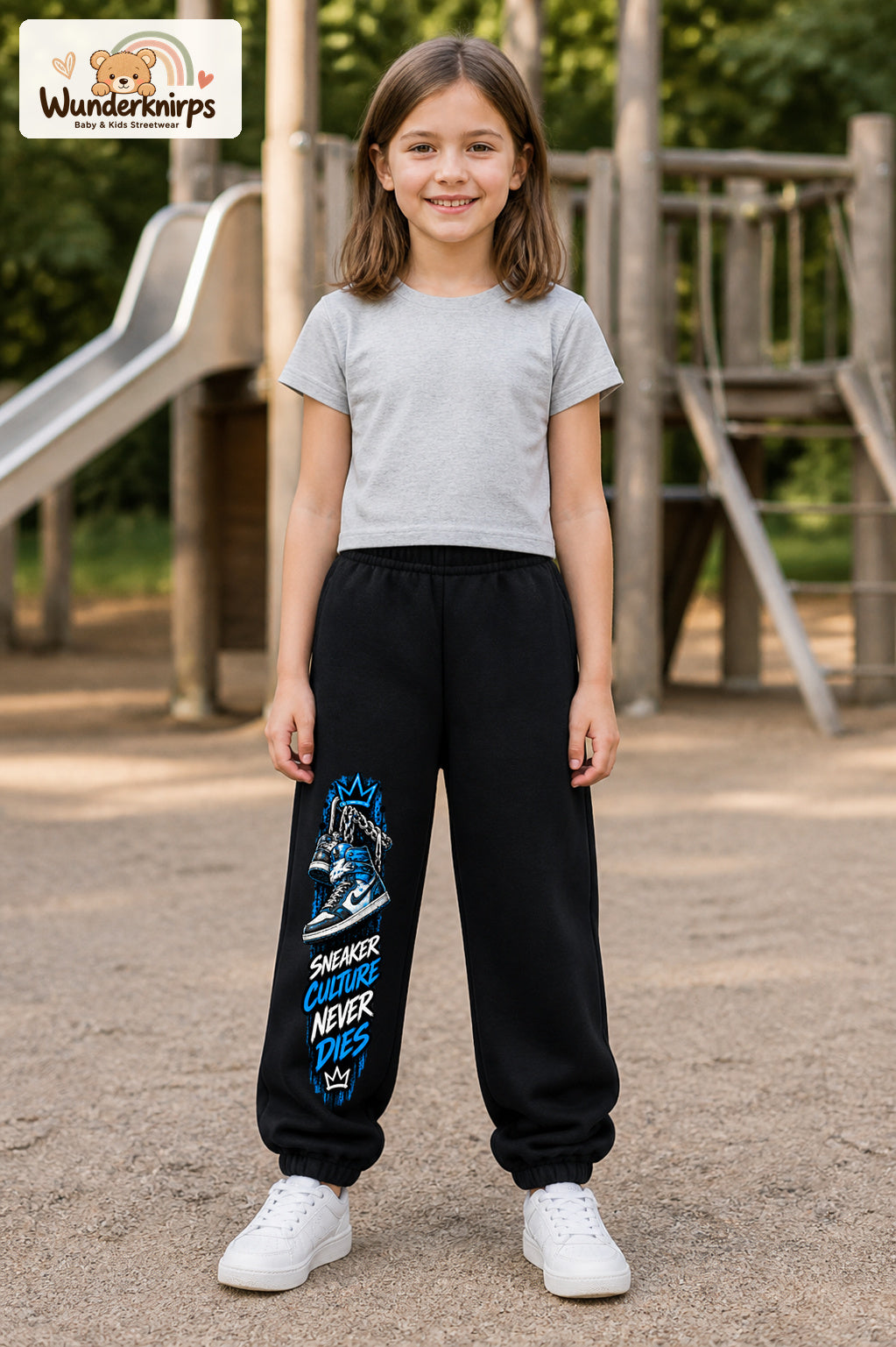 Mädchen trägt schwarze Jogginghose mit Sneaker Culture-Print, von vorn auf dem Spielplatz.