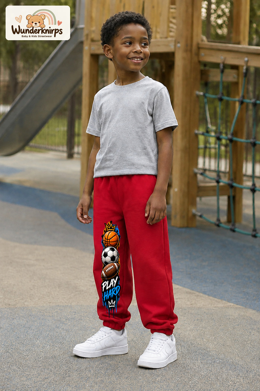 Junge trägt rote Jogginghose mit Play Hard Sportmix-Print, leicht seitlich auf dem Spielplatz.