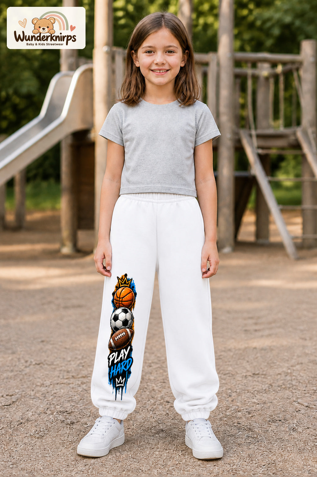 Mädchen trägt weiße Jogginghose mit Play Hard Sportmix-Print, von vorn auf dem Spielplatz.