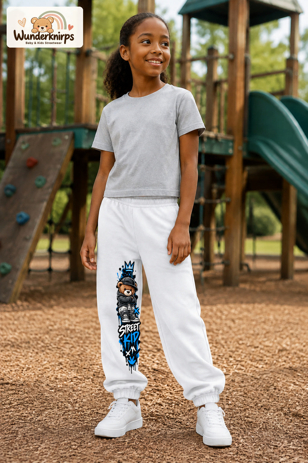 Mädchen trägt weiße Jogginghose mit Street Kid Teddy-Print, leicht seitlich auf dem Spielplatz.
