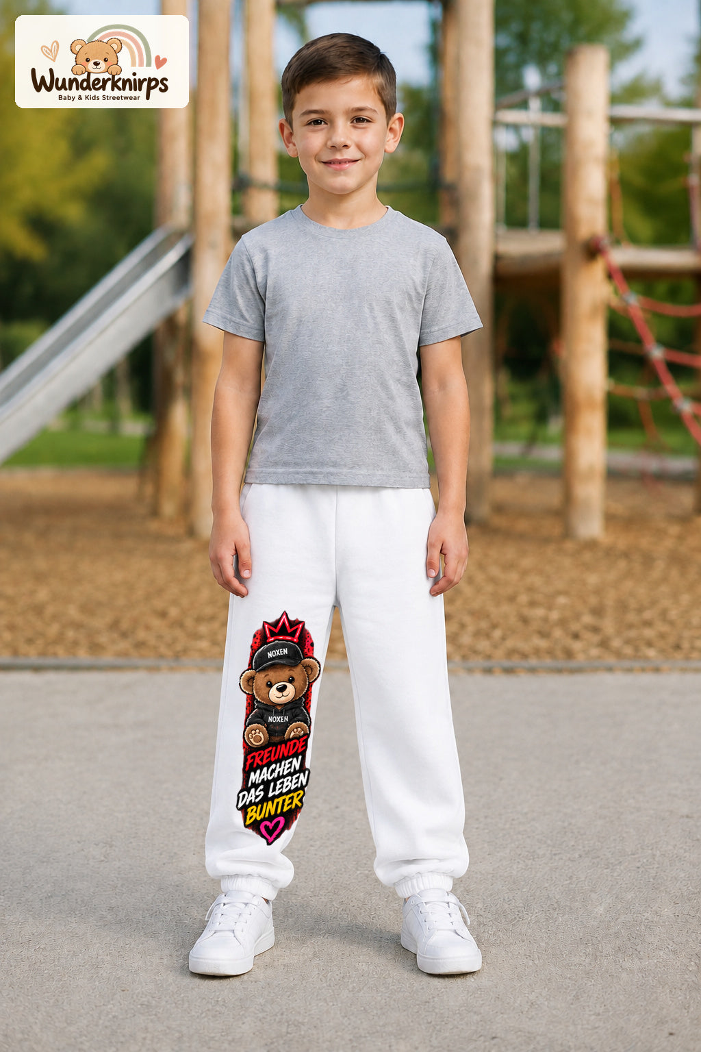 Junge trägt weiße Jogginghose mit Freunde machen bunt Teddy-Print, von vorn auf dem Spielplatz.