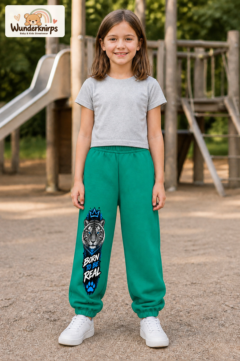 Mädchen trägt grüne Jogginghose mit Born to Be Real Tiger-Print, von vorn auf dem Spielplatz.