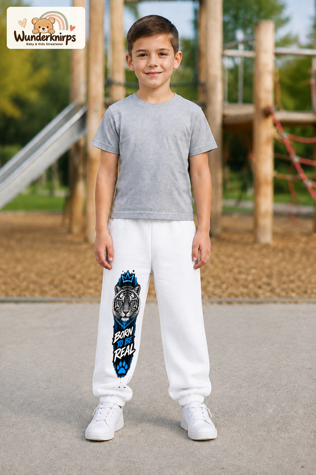 Junge trägt weiße Jogginghose mit Born to Be Real Tiger-Print, von vorn auf dem Spielplatz.
