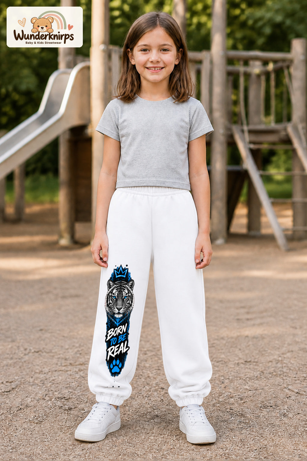 Mädchen trägt weiße Jogginghose mit Born to Be Real Tiger-Print, von vorn auf dem Spielplatz.