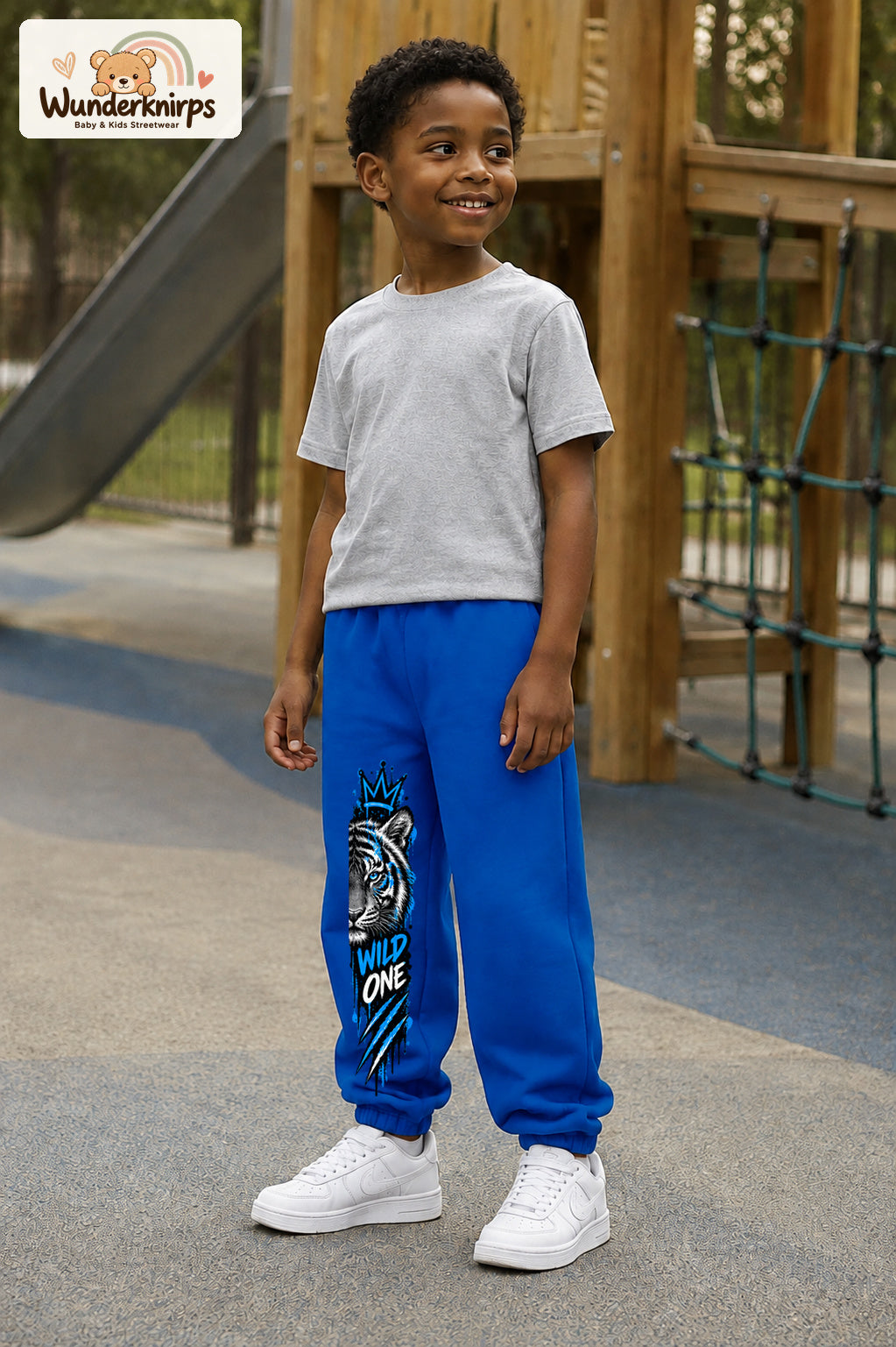 Junge trägt blaue Jogginghose mit Wild One Tiger-Print, leicht seitlich auf dem Spielplatz.