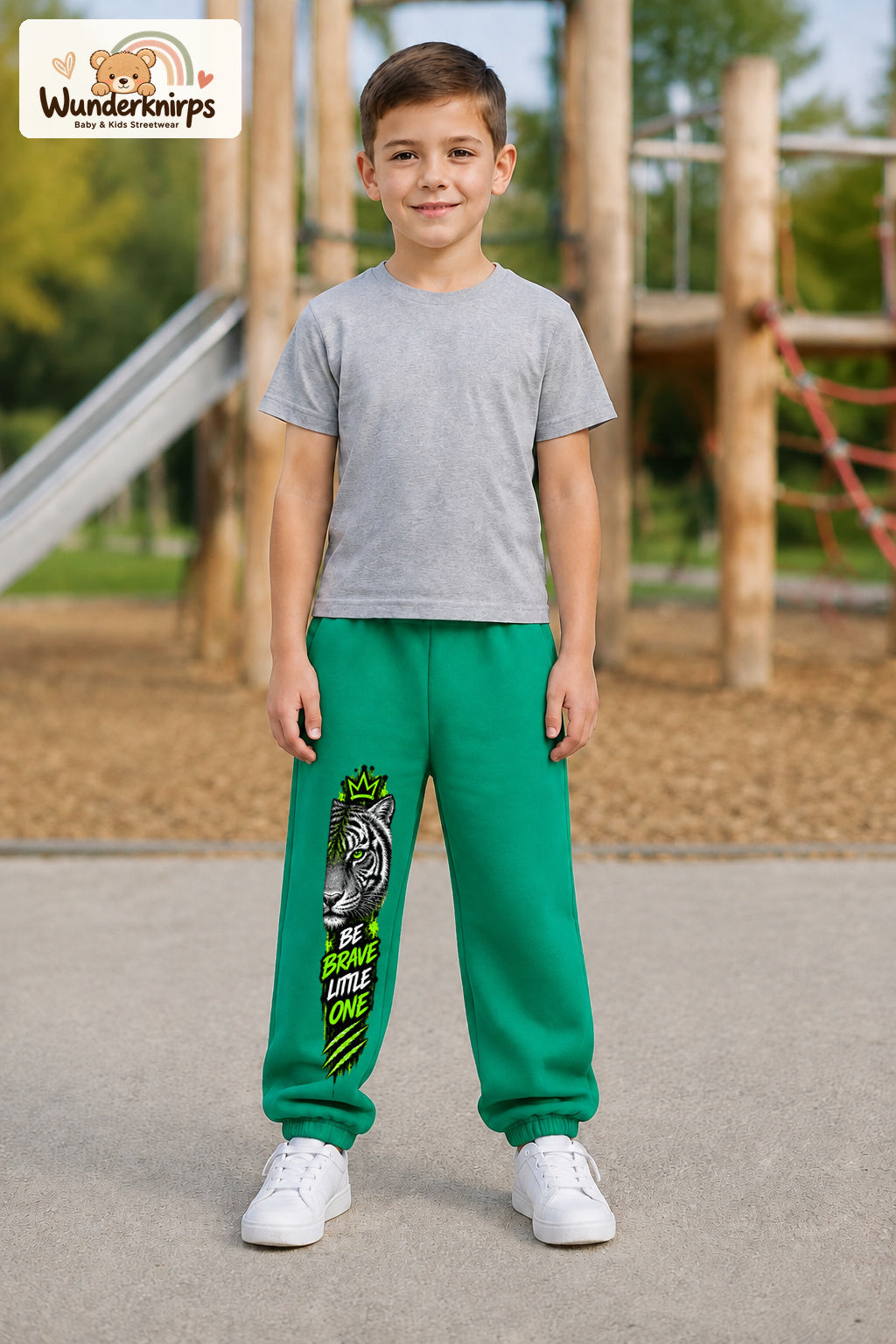 Junge trägt grüne Jogginghose mit Be Brave Tiger-Print, von vorn auf dem Spielplatz.
