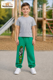 Junge trägt grüne Jogginghose mit Be Brave Tiger-Print, von vorn auf dem Spielplatz.