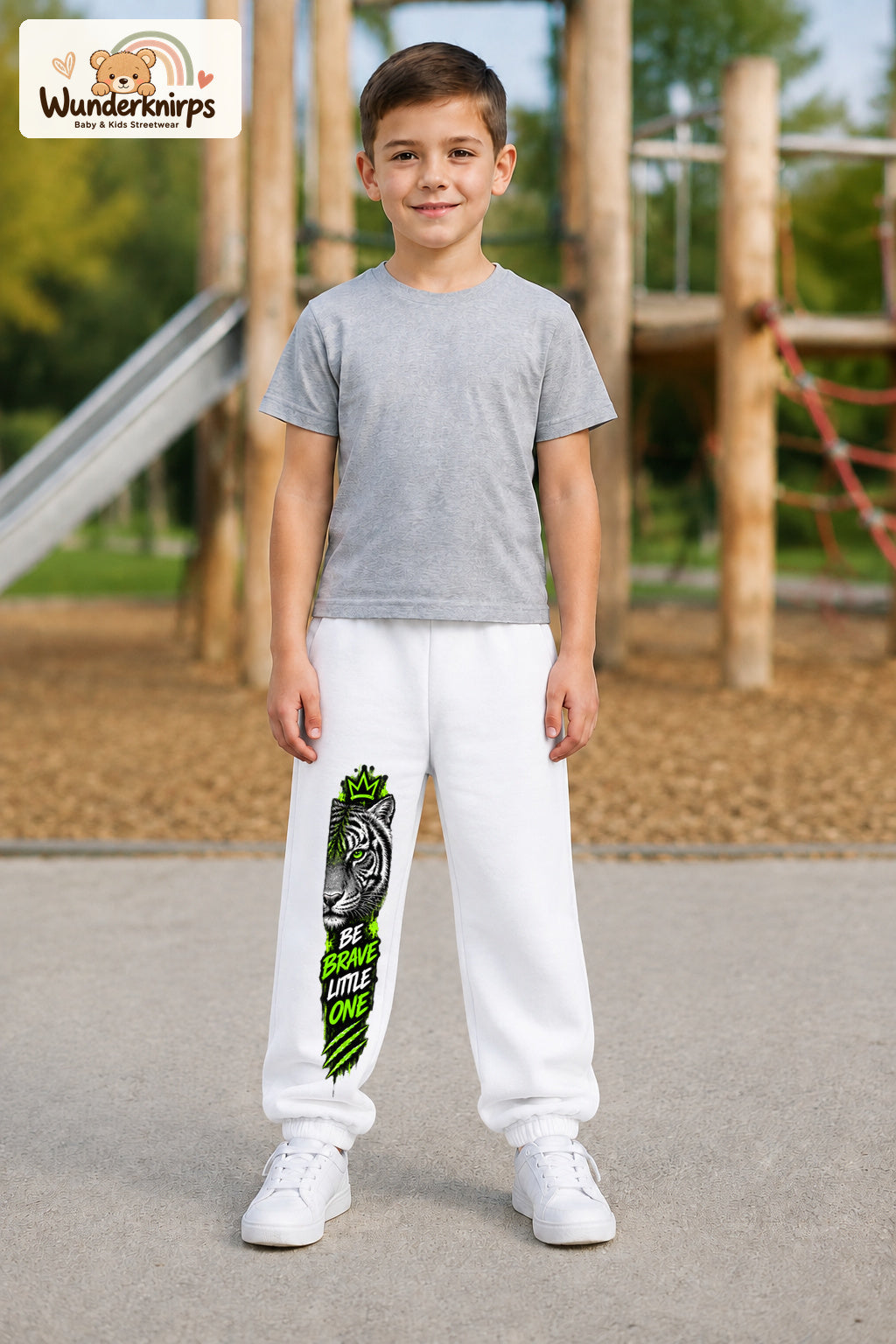 Junge trägt weiße Jogginghose mit Be Brave Tiger-Print, von vorn auf dem Spielplatz.