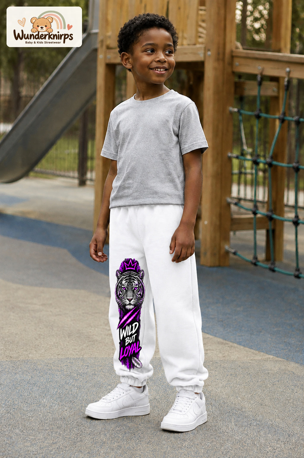 Junge trägt weiße Jogginghose mit Wild but Loyal Tiger-Print, leicht seitlich auf dem Spielplatz.