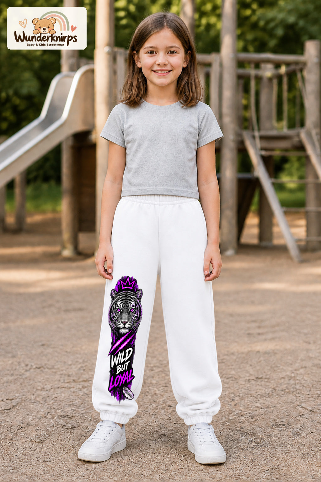 Mädchen trägt weiße Jogginghose mit Wild but Loyal Tiger-Print, von vorn auf dem Spielplatz.