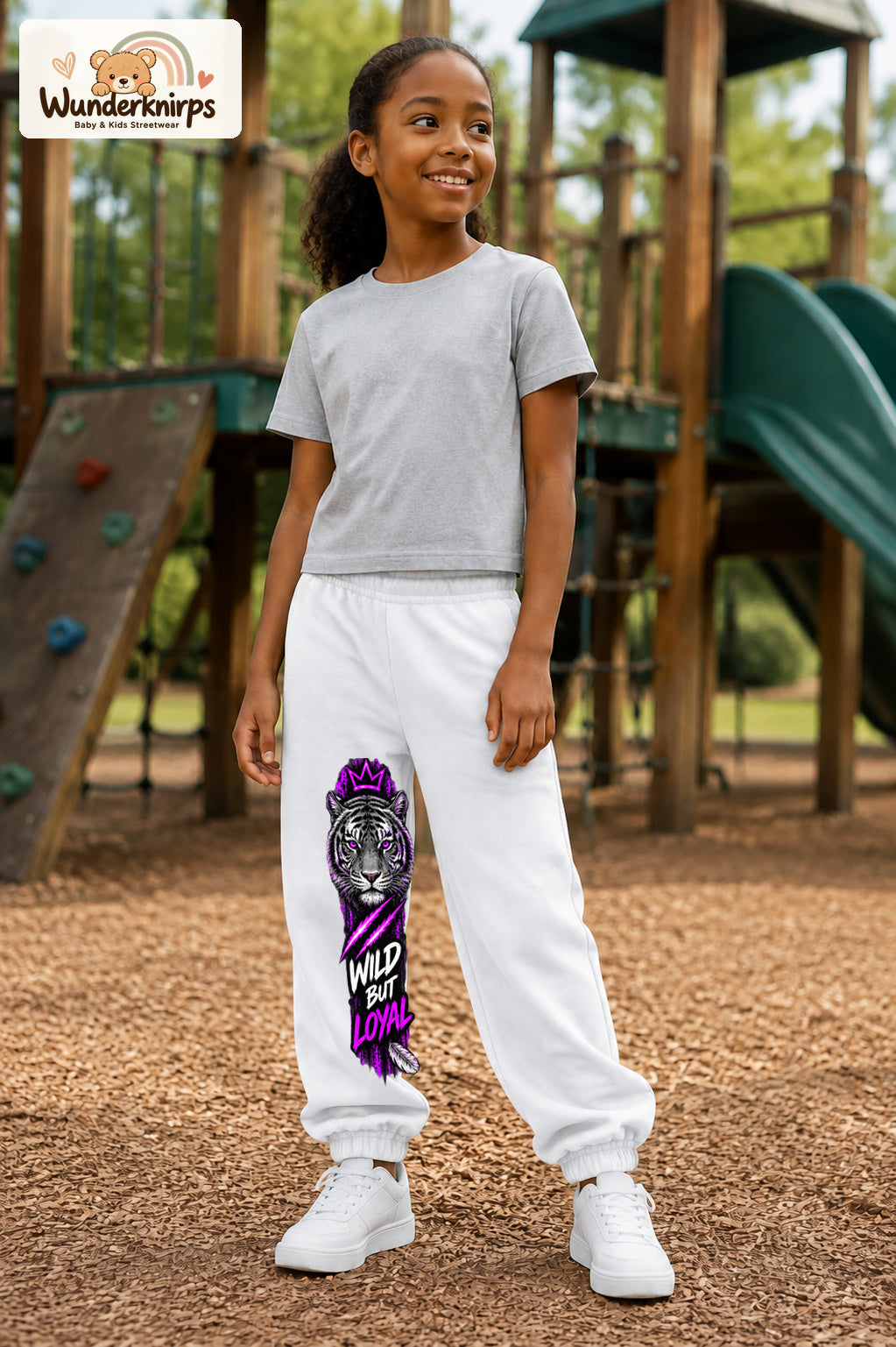 Mädchen trägt weiße Jogginghose mit Wild but Loyal Tiger-Print, leicht seitlich auf dem Spielplatz.