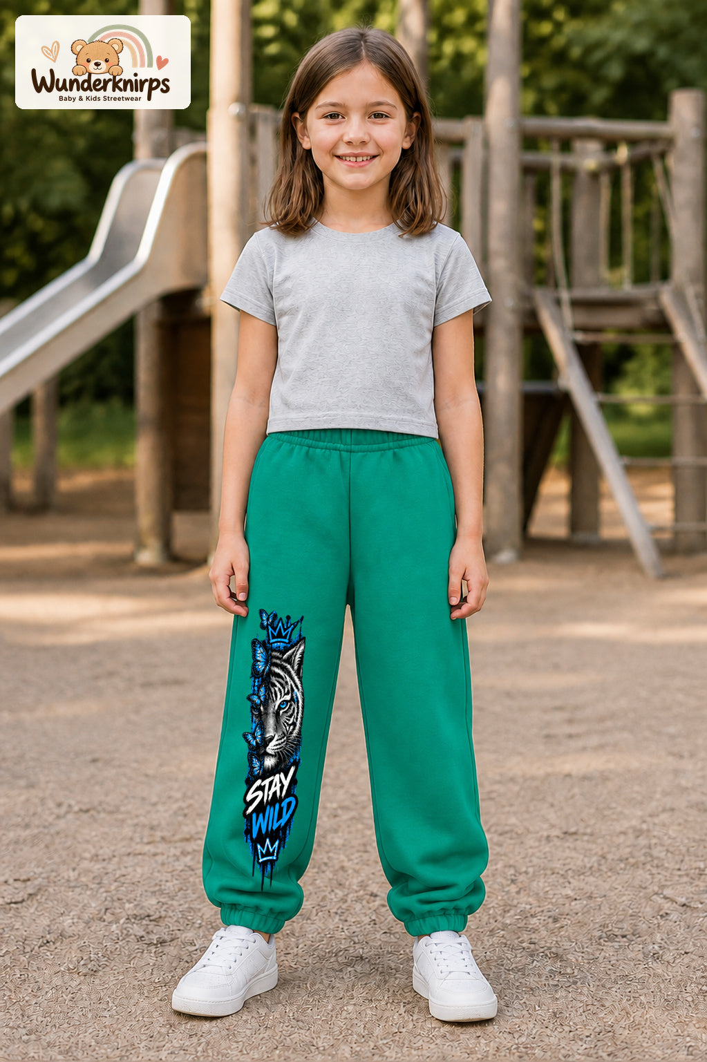 Mädchen trägt grüne Jogginghose mit Stay Wild Schmetterlingstiger-Print, von vorn auf dem Spielplatz.
